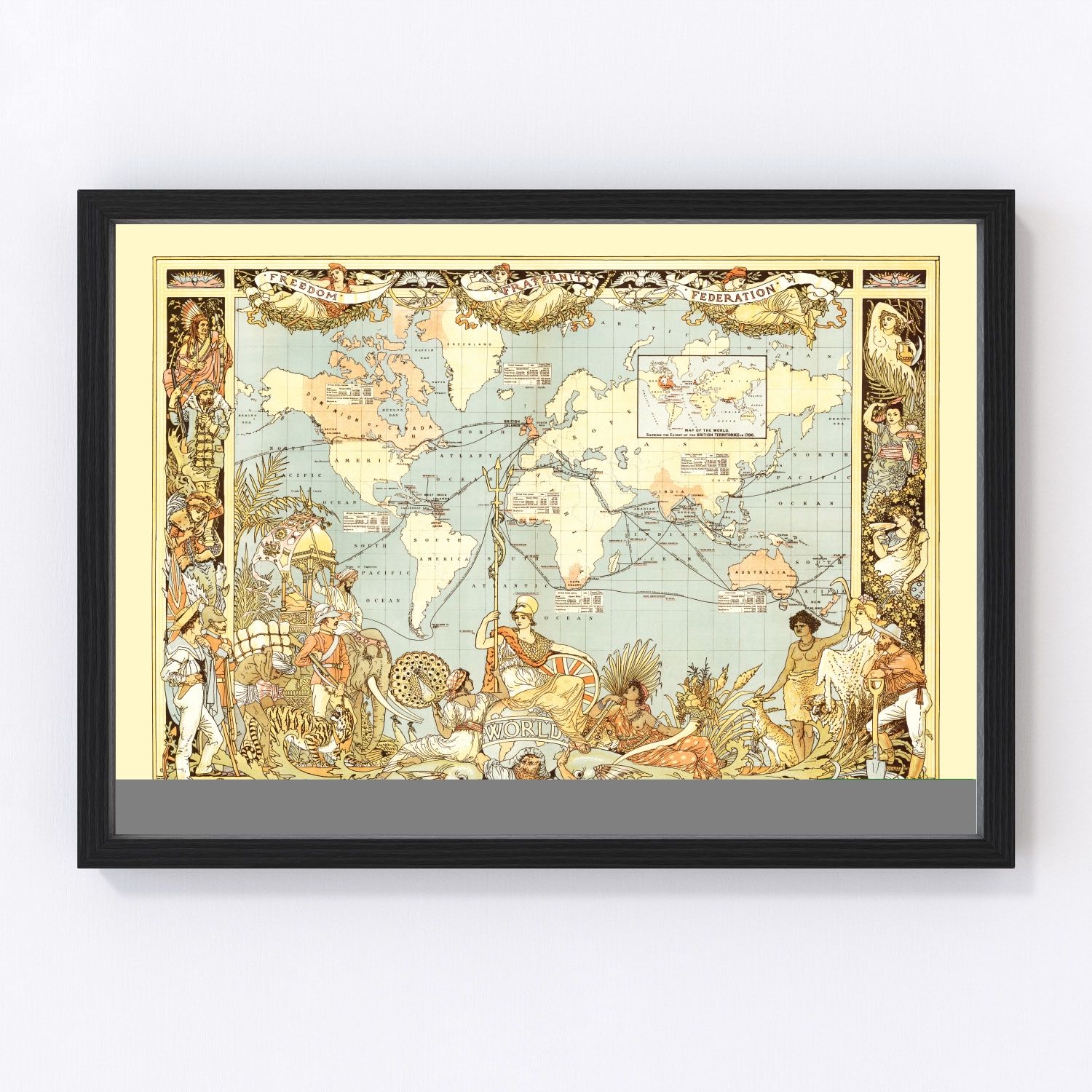 Vintage 1886 Victorian world map with illustrated continents and colonial boundaries, restored print