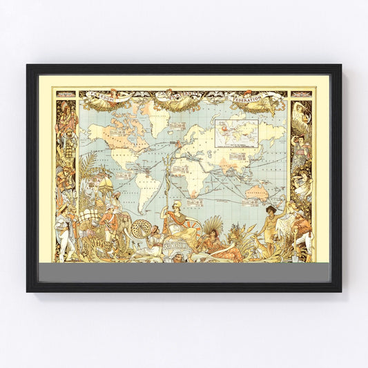 Vintage 1886 Victorian world map with illustrated continents and colonial boundaries, restored print