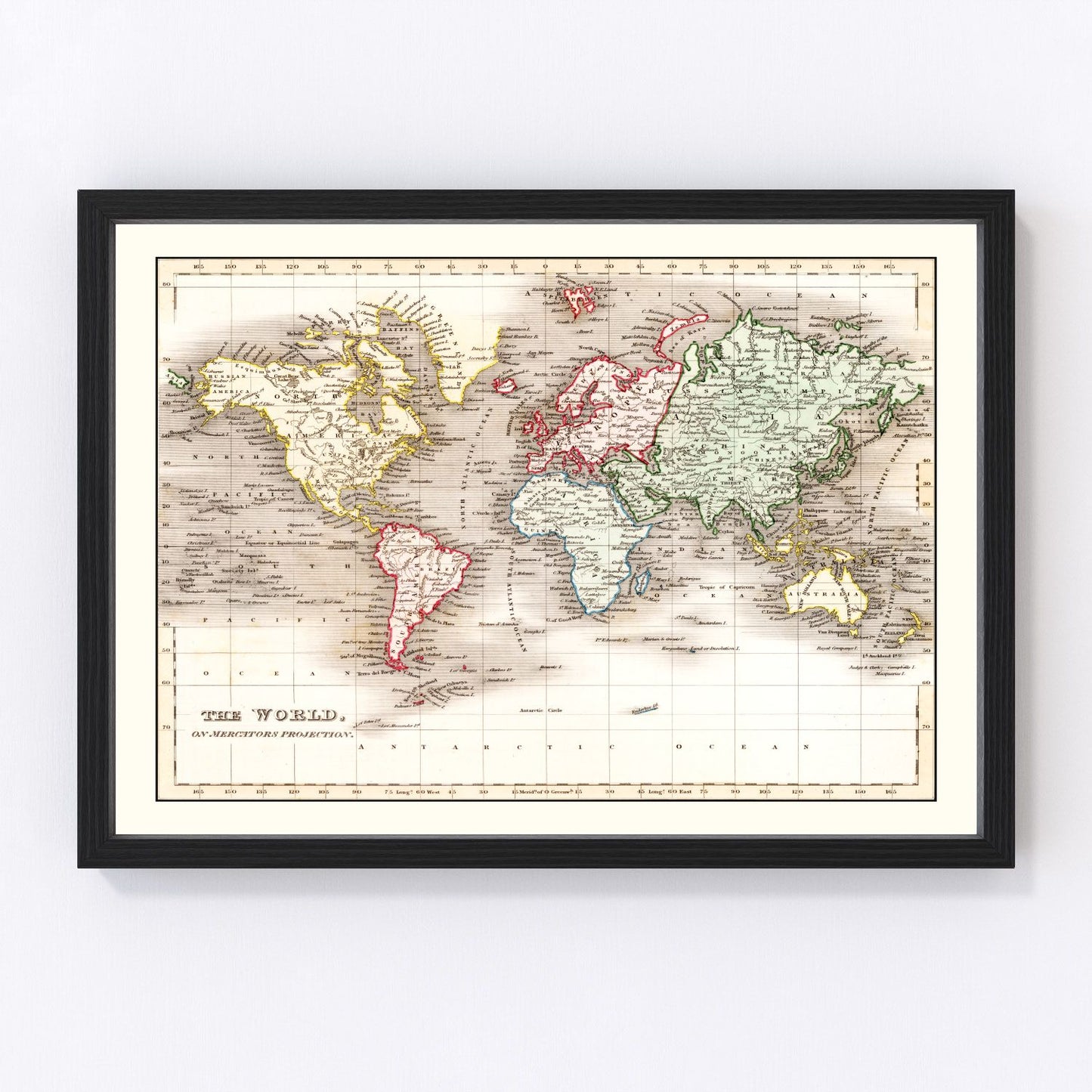 Vintage 1832 world map with engraved cartography showing continents and sea routes, restored print