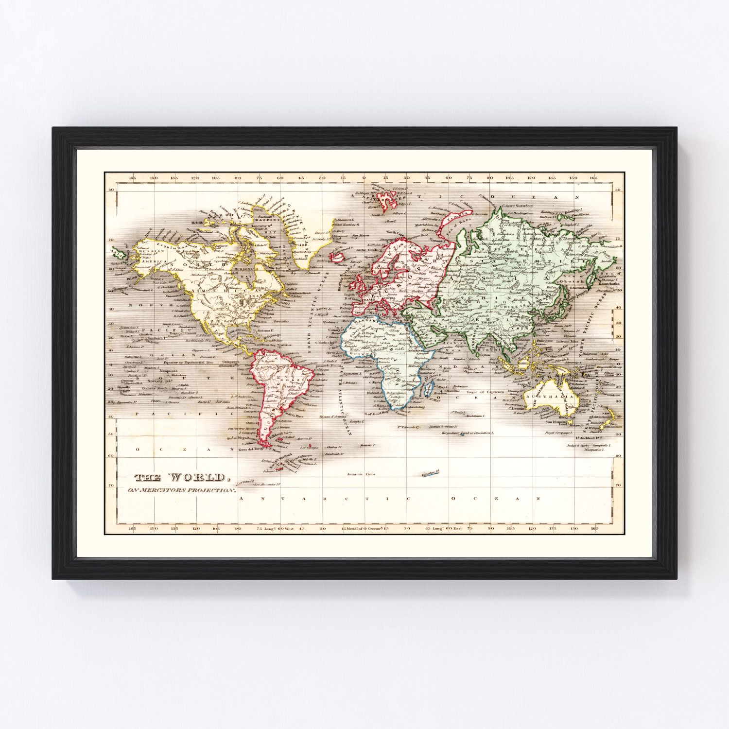 Vintage 1832 world map with engraved cartography showing continents and sea routes, restored print