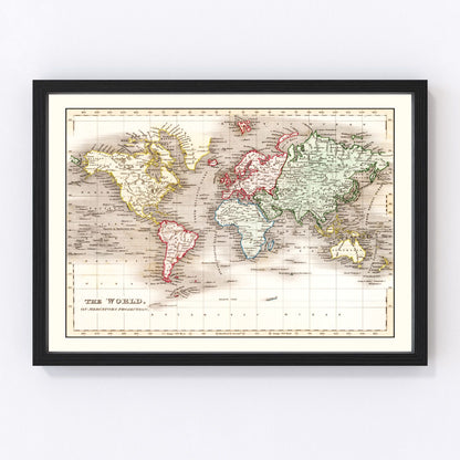Vintage 1832 world map with engraved cartography showing continents and sea routes, restored print
