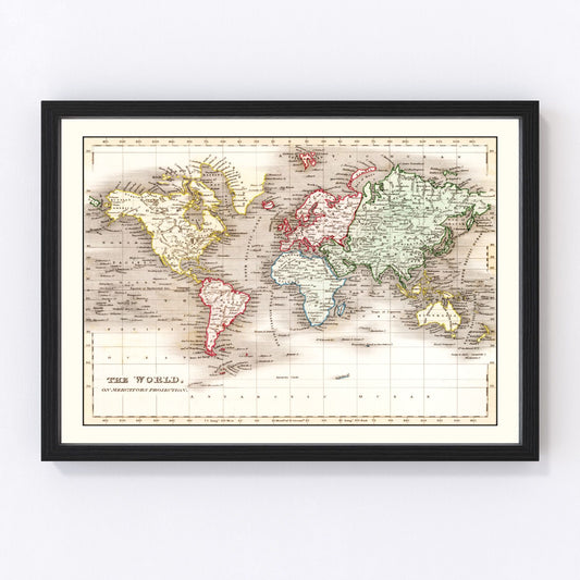 Vintage 1832 world map with engraved cartography showing continents and sea routes, restored print