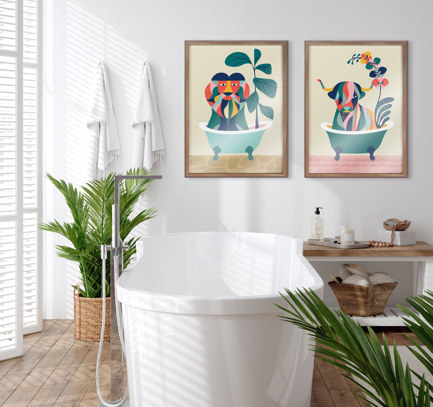 Mid Century Modern Lion in Bathtub Framed Glass Wall Art