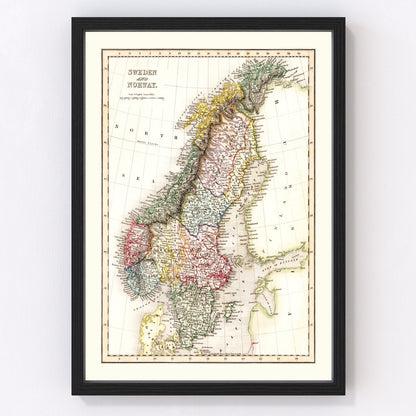 vintage map of Sweden and Norway, 1832