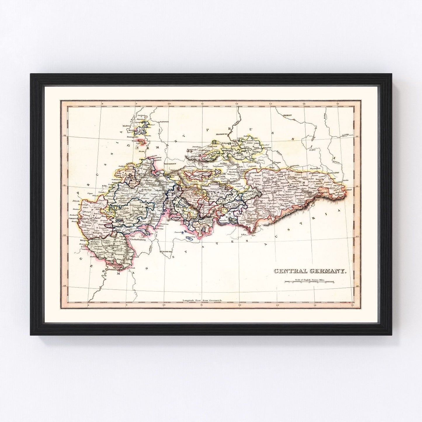 Vintage map of central Germany, 1832, restored vintage wall art print