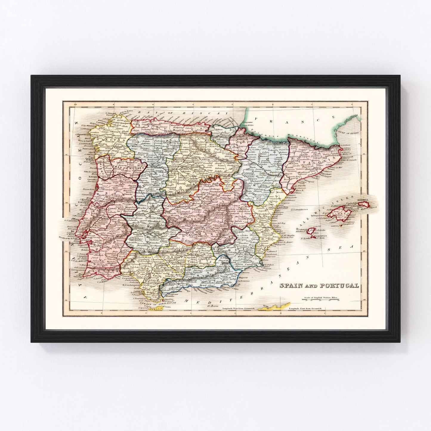 vintage map of Spain and Portugal, 1832