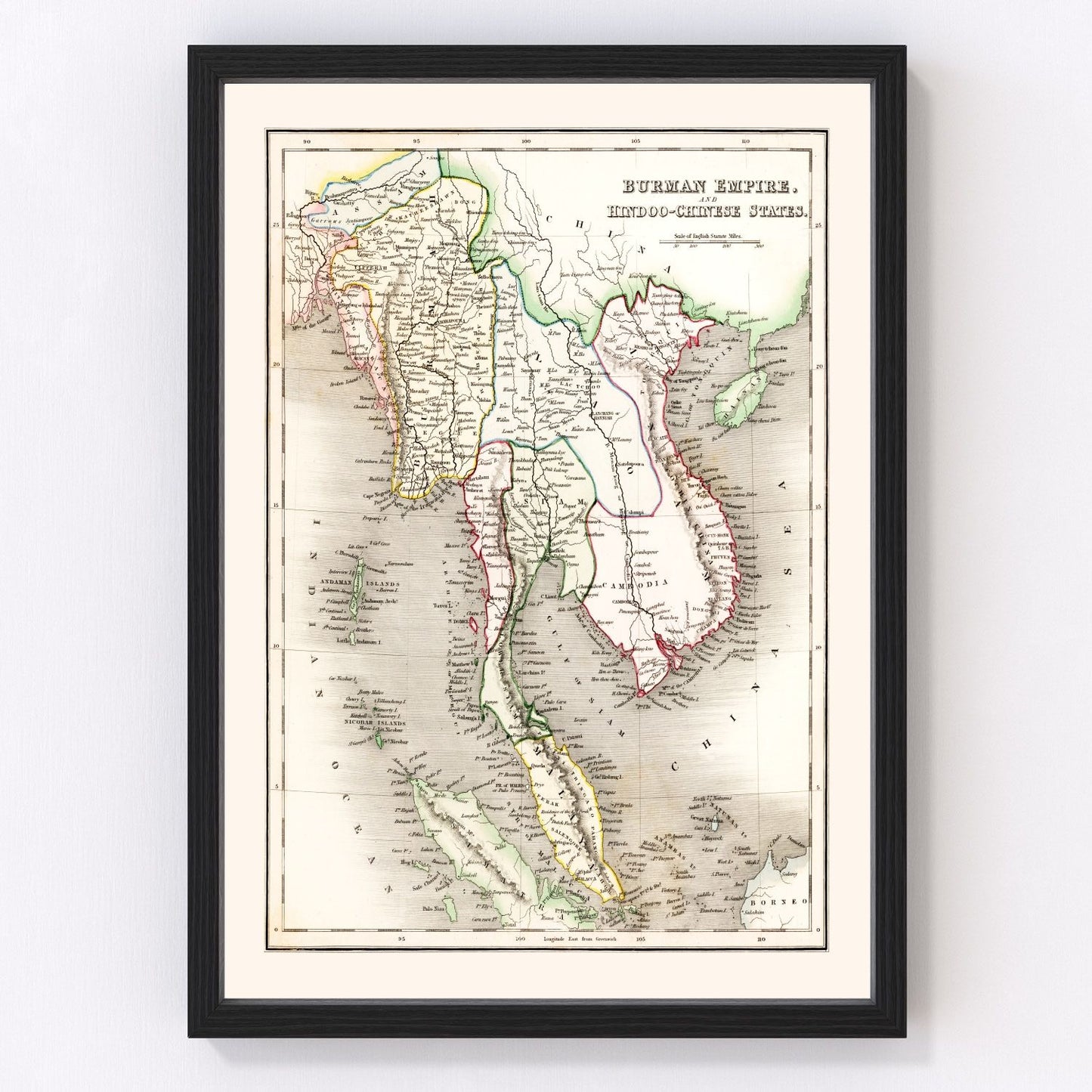Vintage map of the Burman Empire, 1832, historical Burma cartography