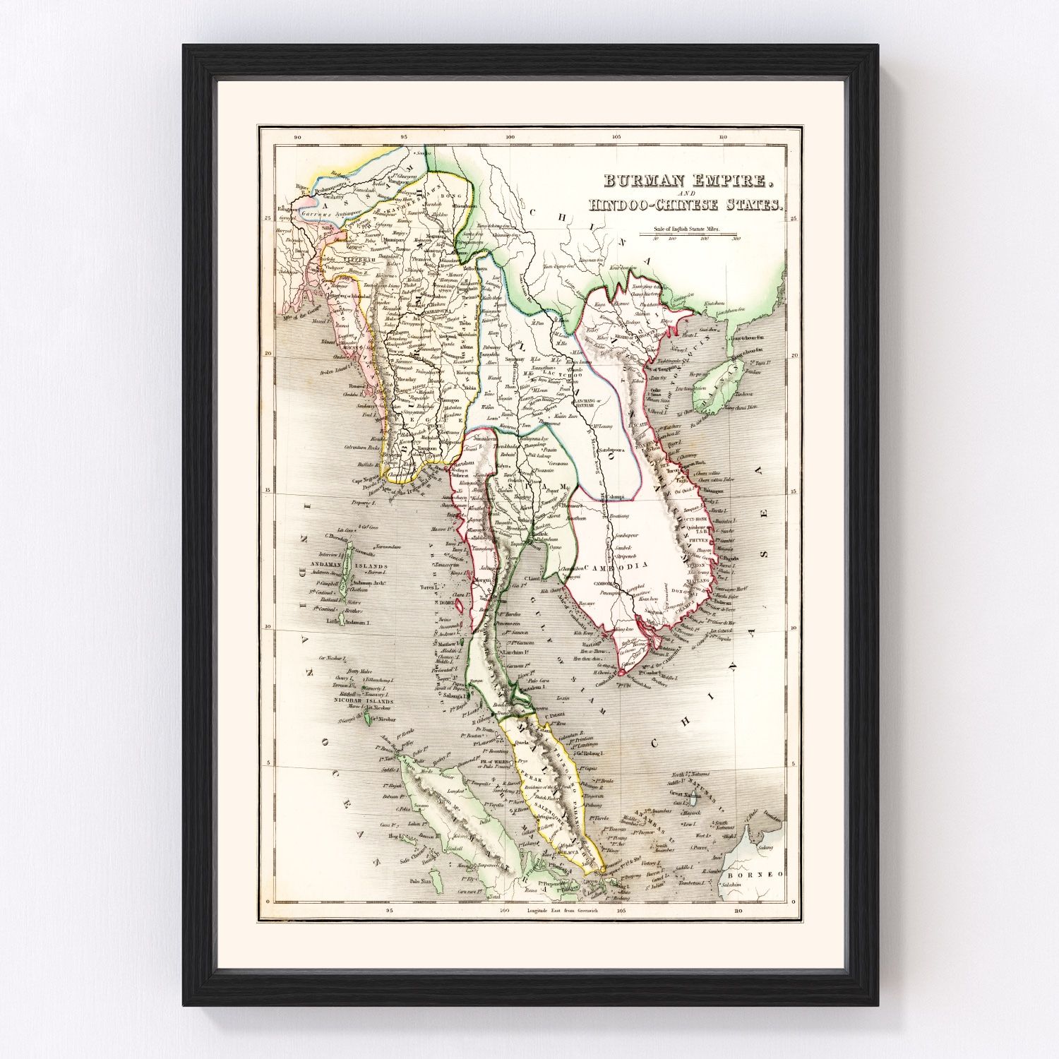 Vintage map of the Burman Empire, 1832, historical Burma cartography