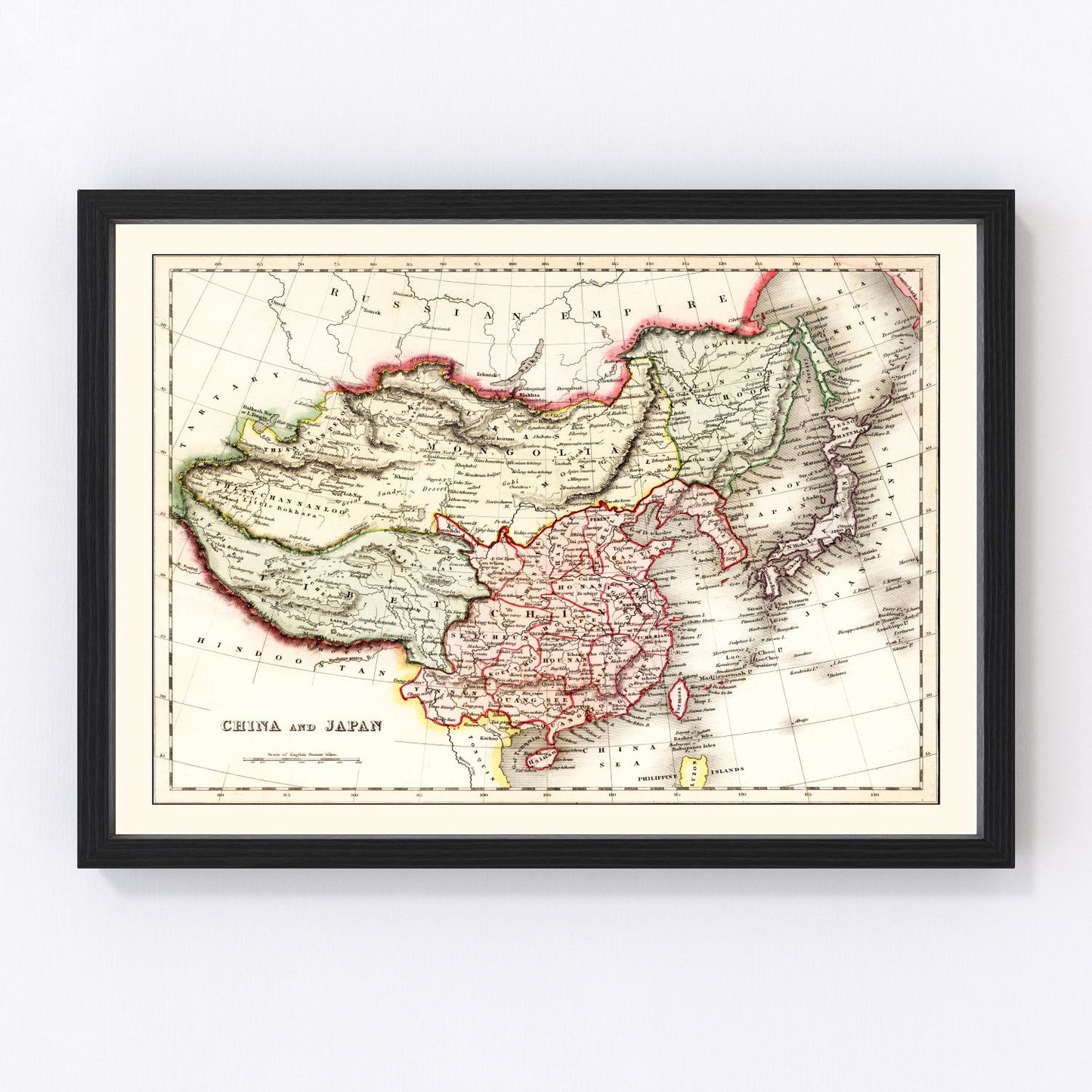 Vintage map of China and Japan, 1832, digitally restored