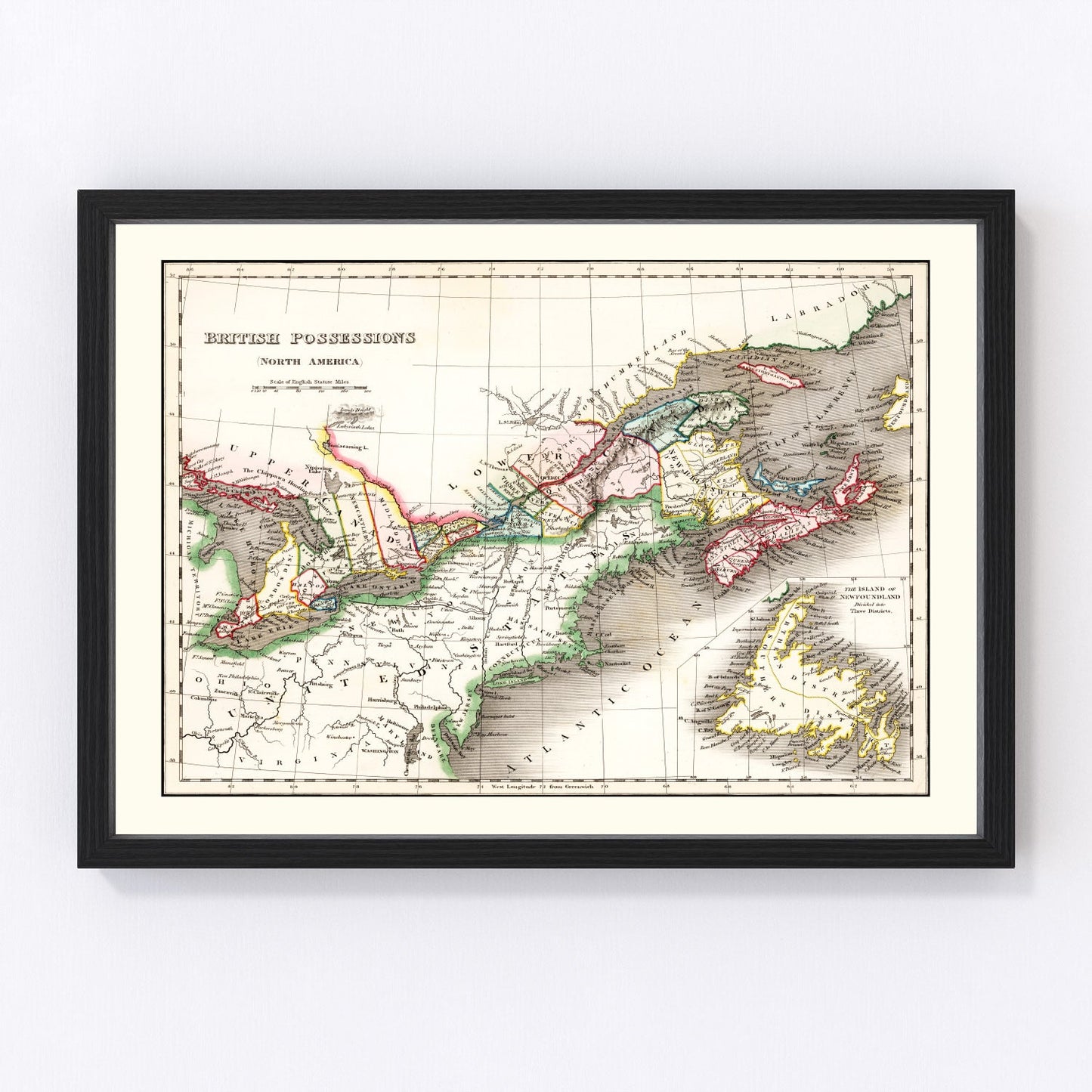 vintage map of British Possessions in North America 1832, restored print wall art