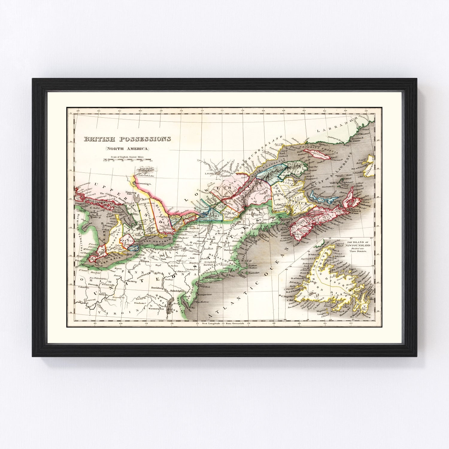 vintage map of British Possessions in North America 1832, restored print wall art