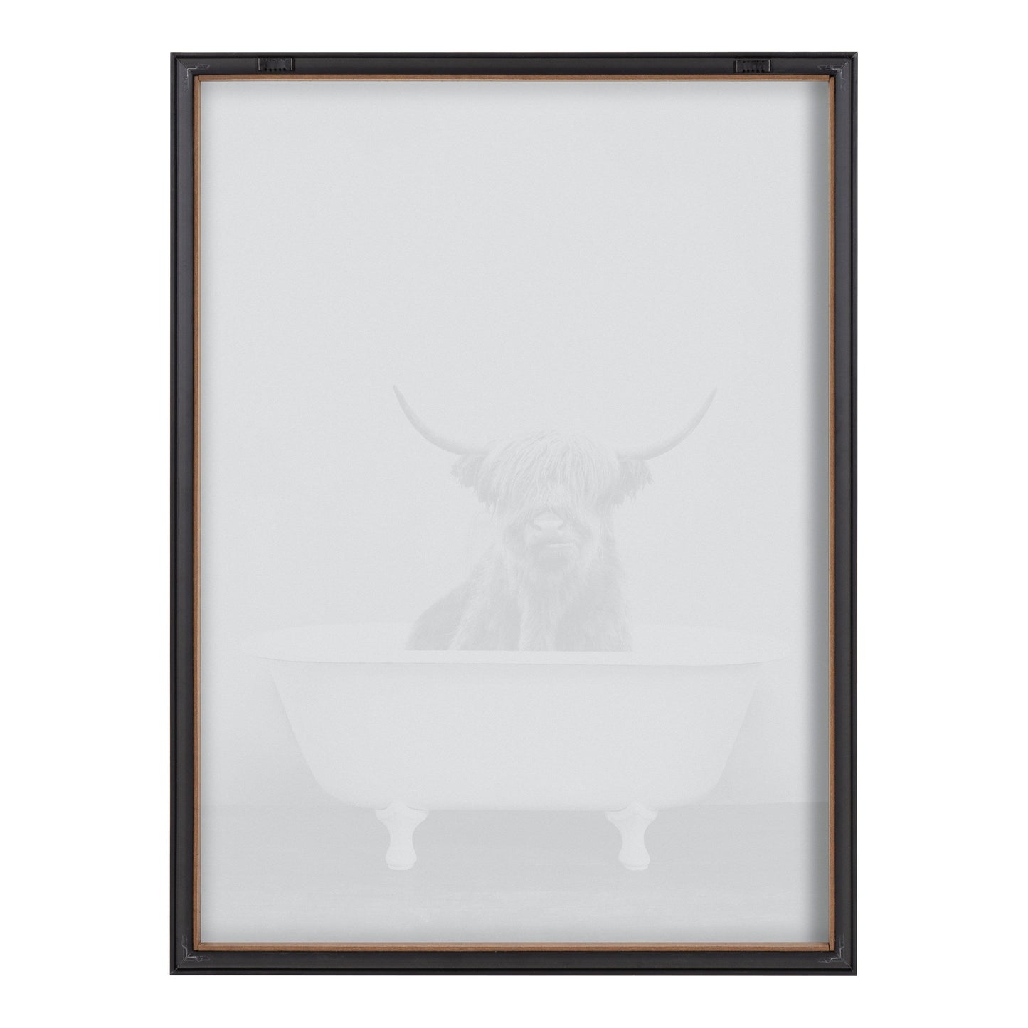 Highland Cow in the Tub Black and White Framed Glass Wall Art