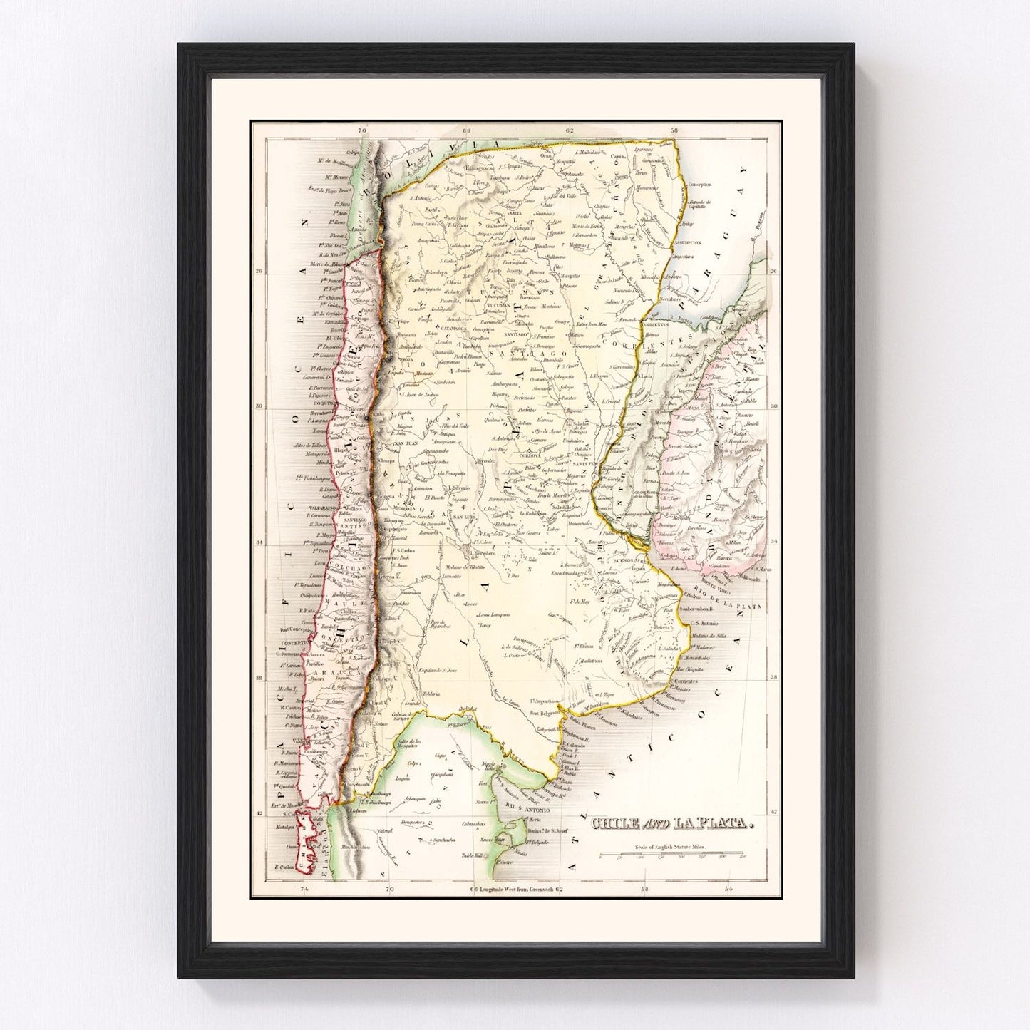 Vintage map of Chile and La Plata, 1832, South America
