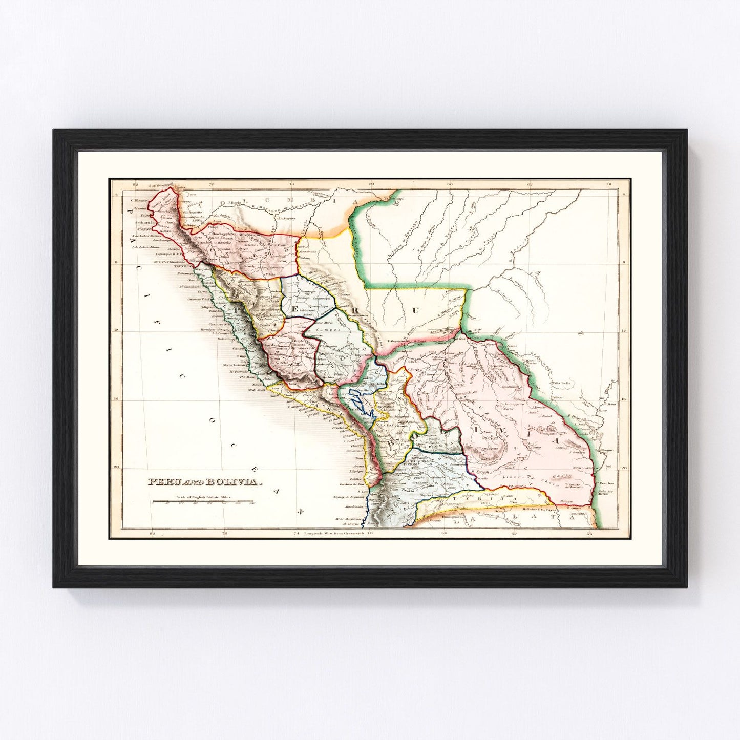 Vintage map of Peru and Bolivia, 1832, South American cartography
