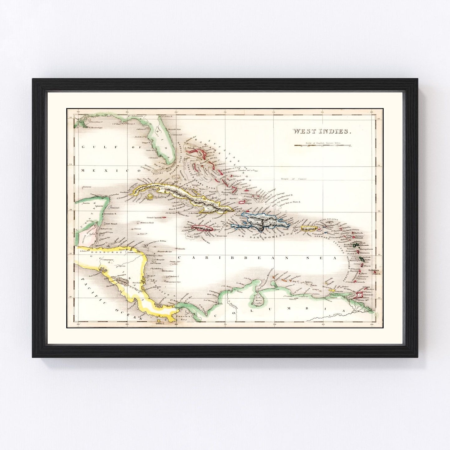Vintage map of the West Indies, 1832, Caribbean sea lanes and colonial ports