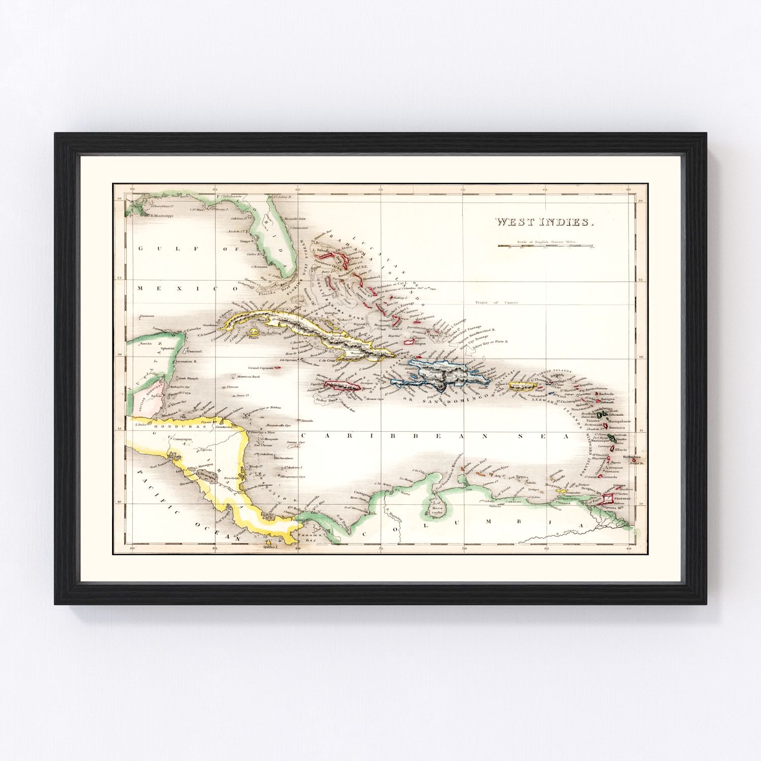 Vintage map of the West Indies, 1832, Caribbean sea lanes and colonial ports