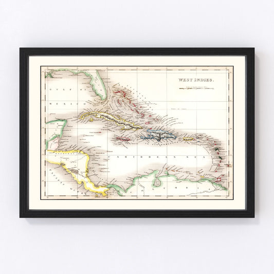 Vintage map of the West Indies, 1832, Caribbean sea lanes and colonial ports