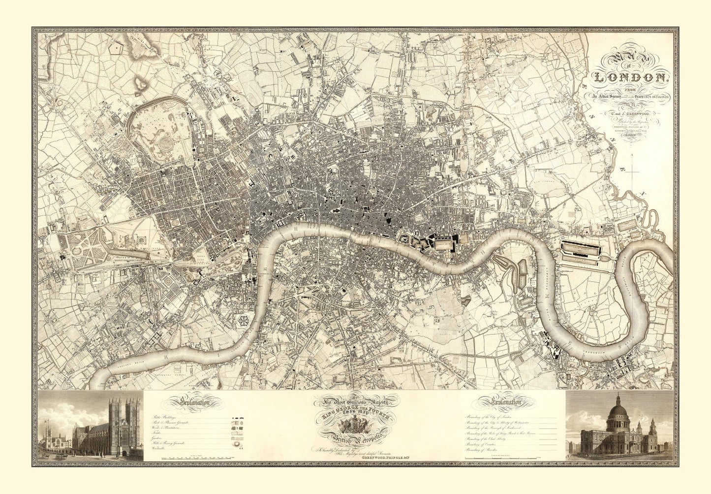 Vintage Map of London, England, 1827