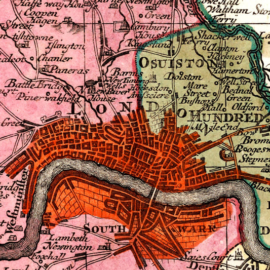 Vintage Map of London, England, 1740