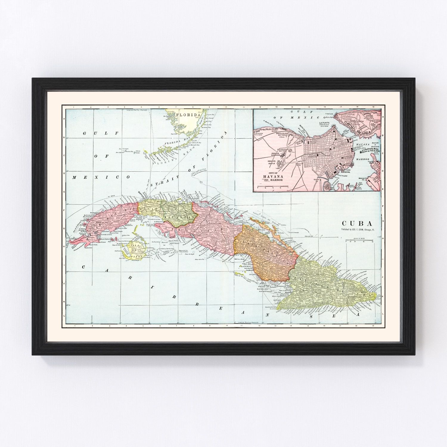 Vintage restored map of Cuba, 1901, post-independence Caribbean island cartography