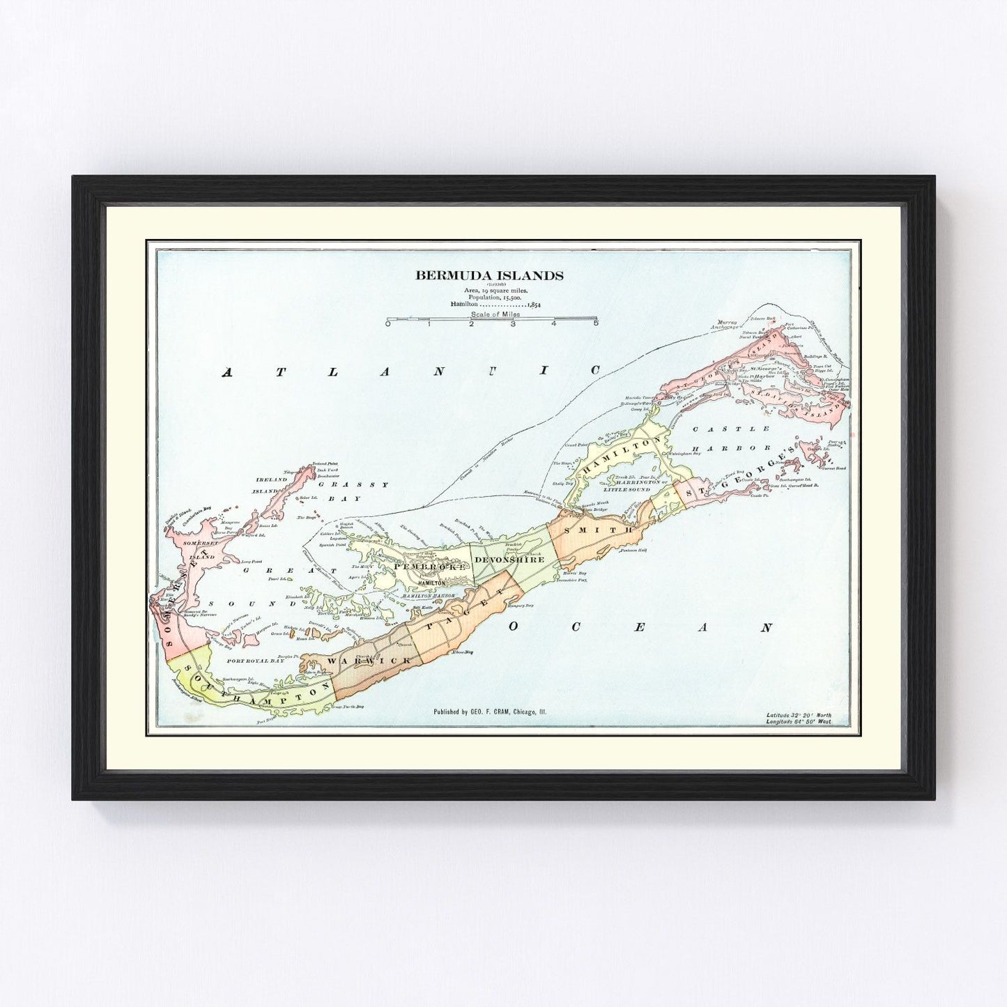 Vintage map of the Bermuda Islands, 1901, Atlantic Ocean