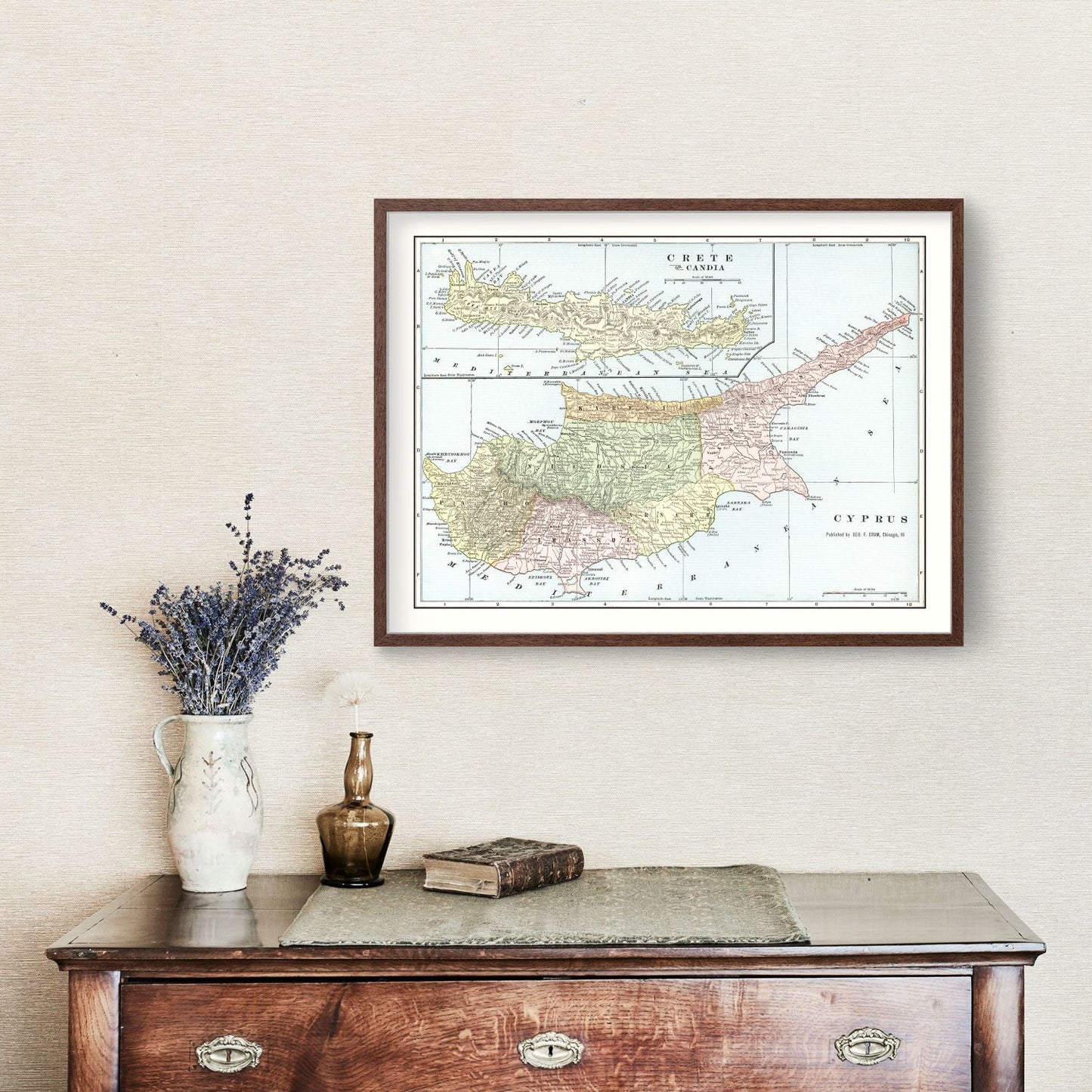 Vintage Map of Cyprus and Crete, 1901