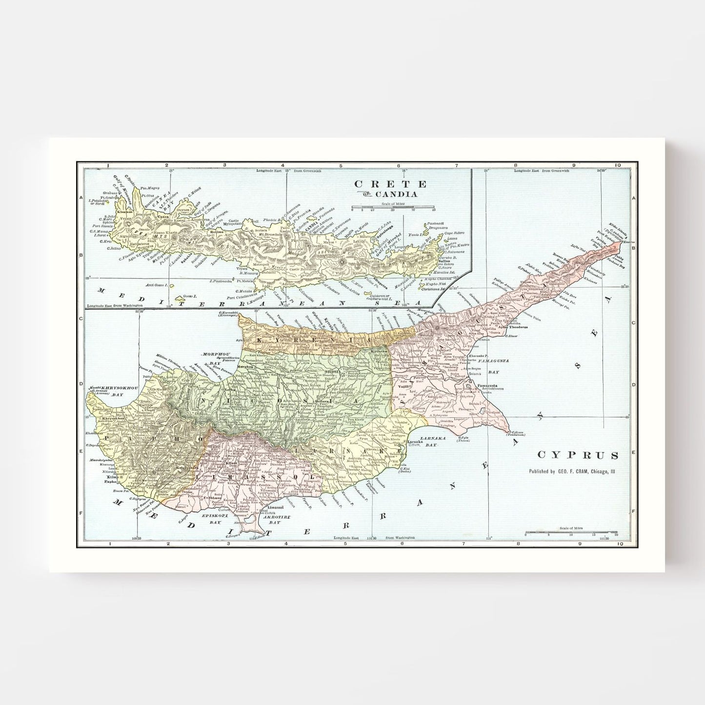 Vintage Map of Cyprus and Crete, 1901