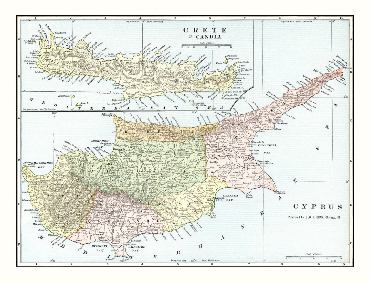 Vintage Map of Cyprus and Crete, 1901