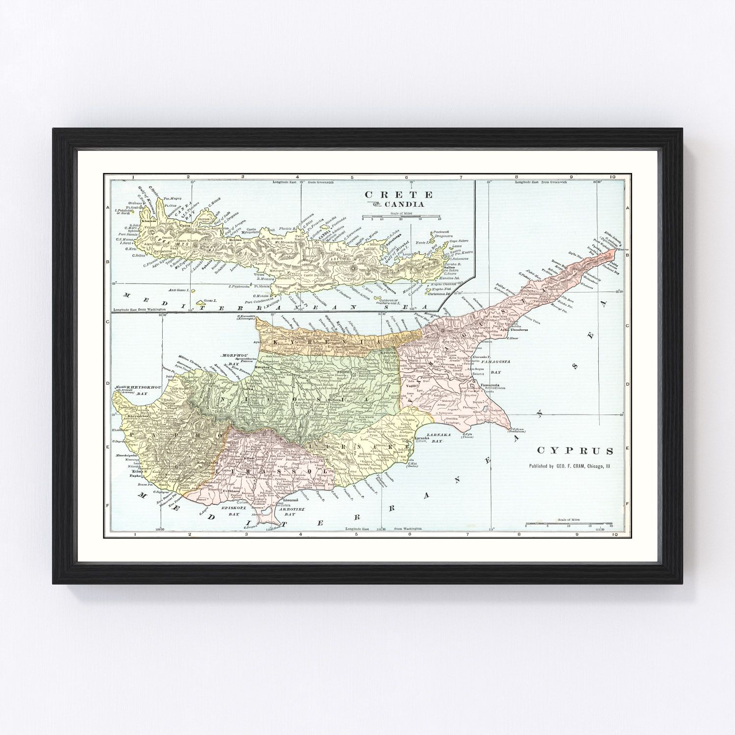 Vintage map of Cyprus and Crete, 1901