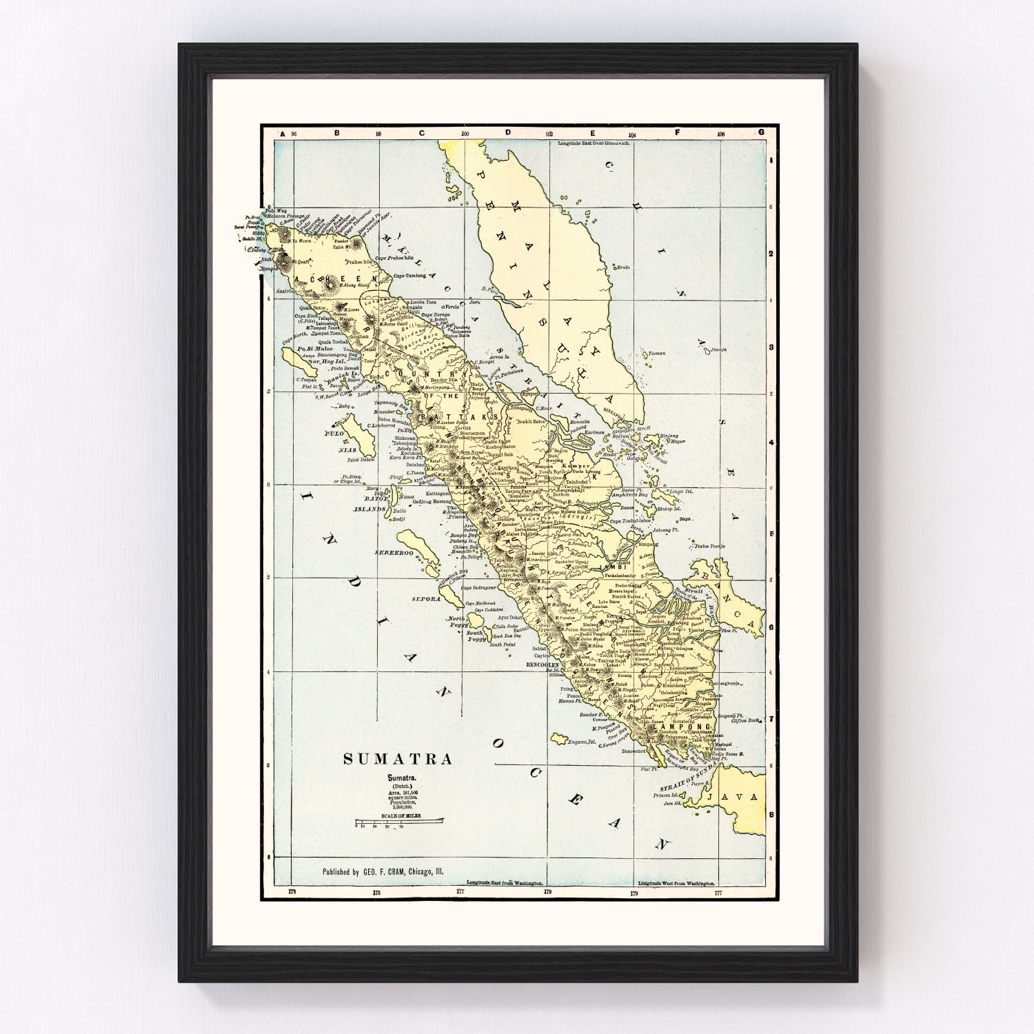 Vintage map of Sumatra, Indonesia, 1901