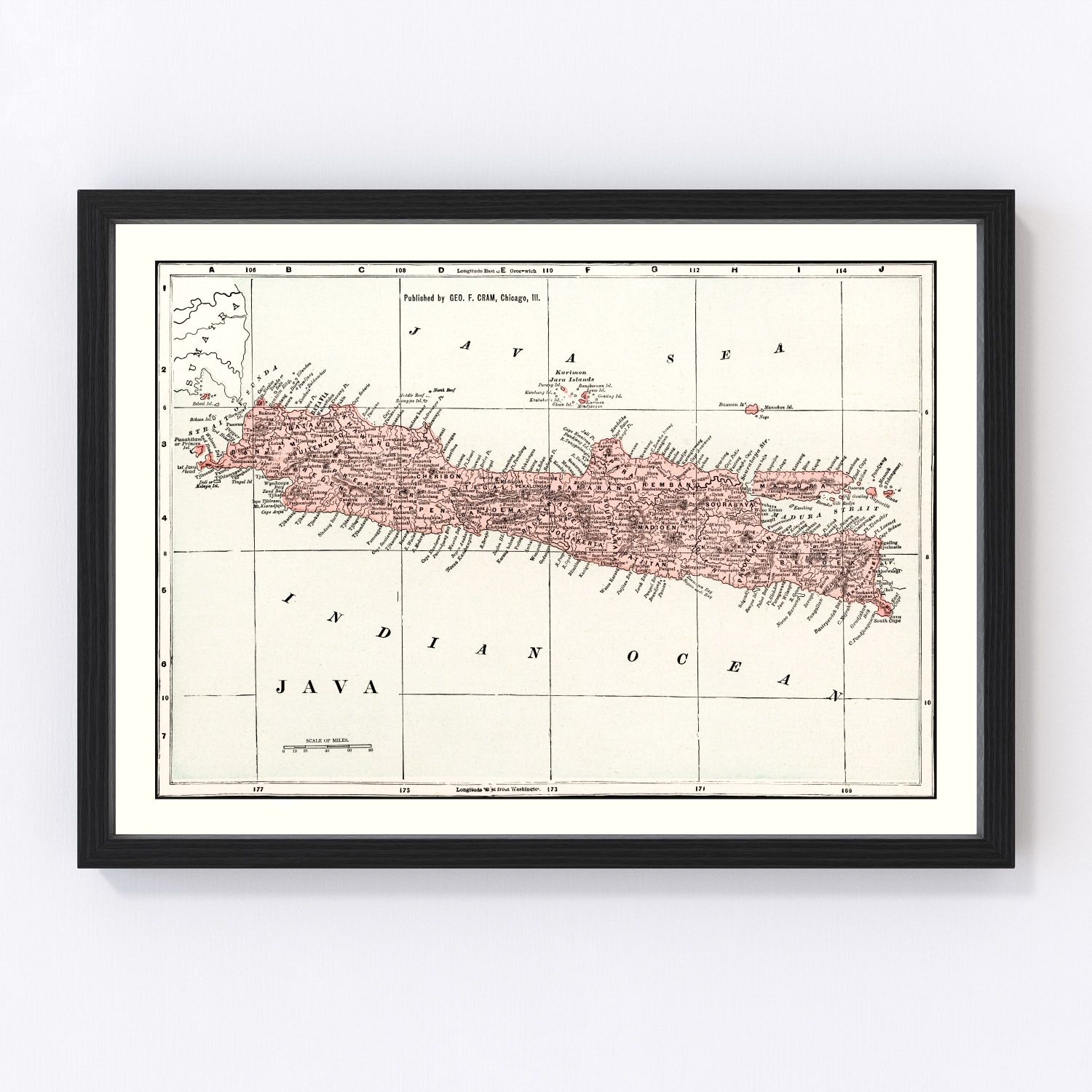 Vintage map of Java, Indonesia, 1901