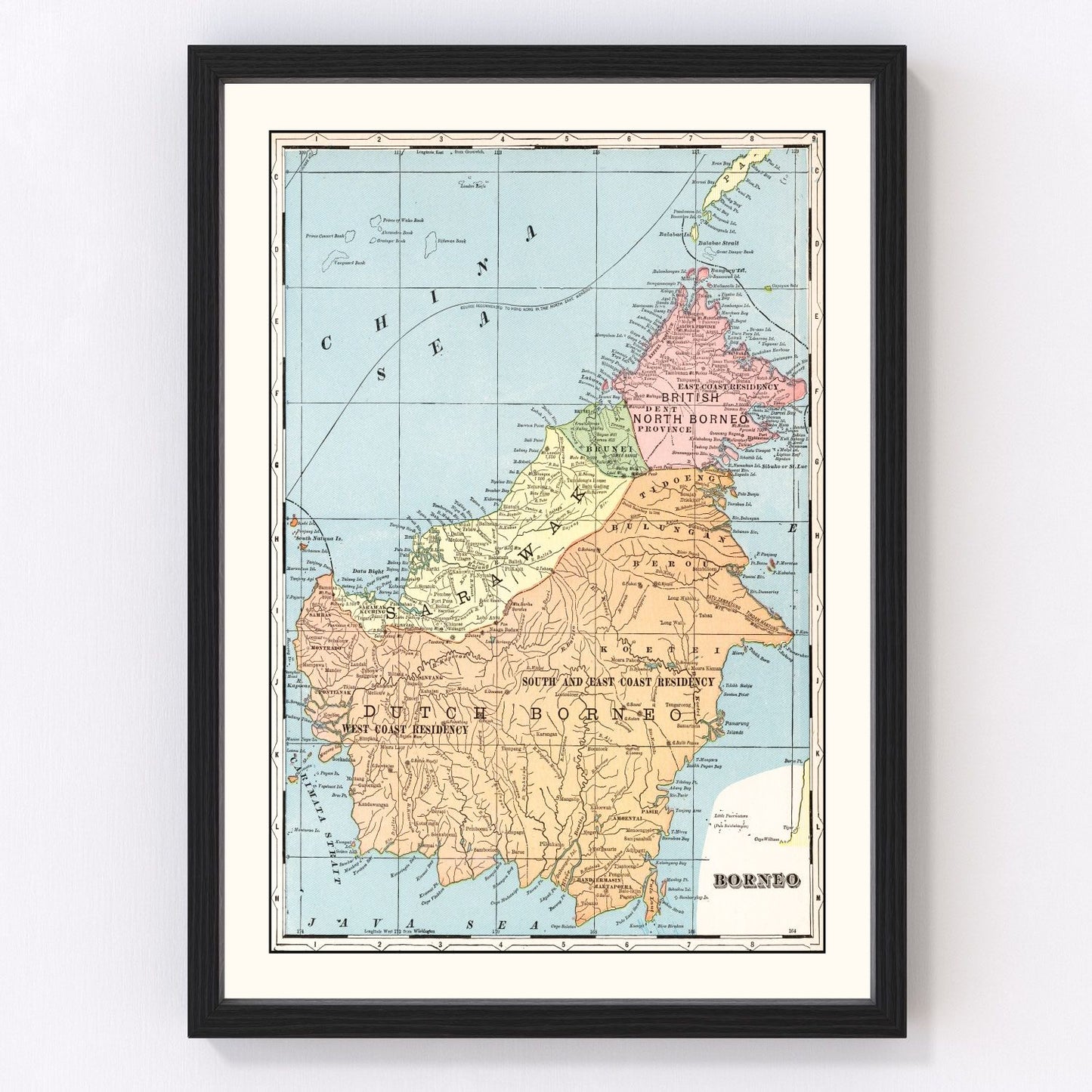 vintage map of Borneo, East Indies, 1901, restored print wall art
