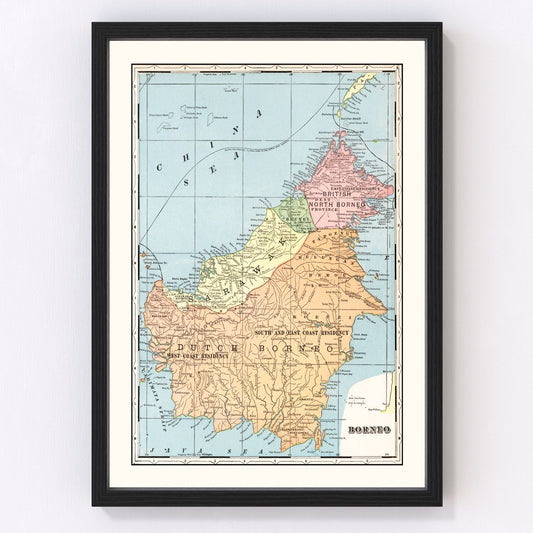 vintage map of Borneo, East Indies, 1901, restored print wall art