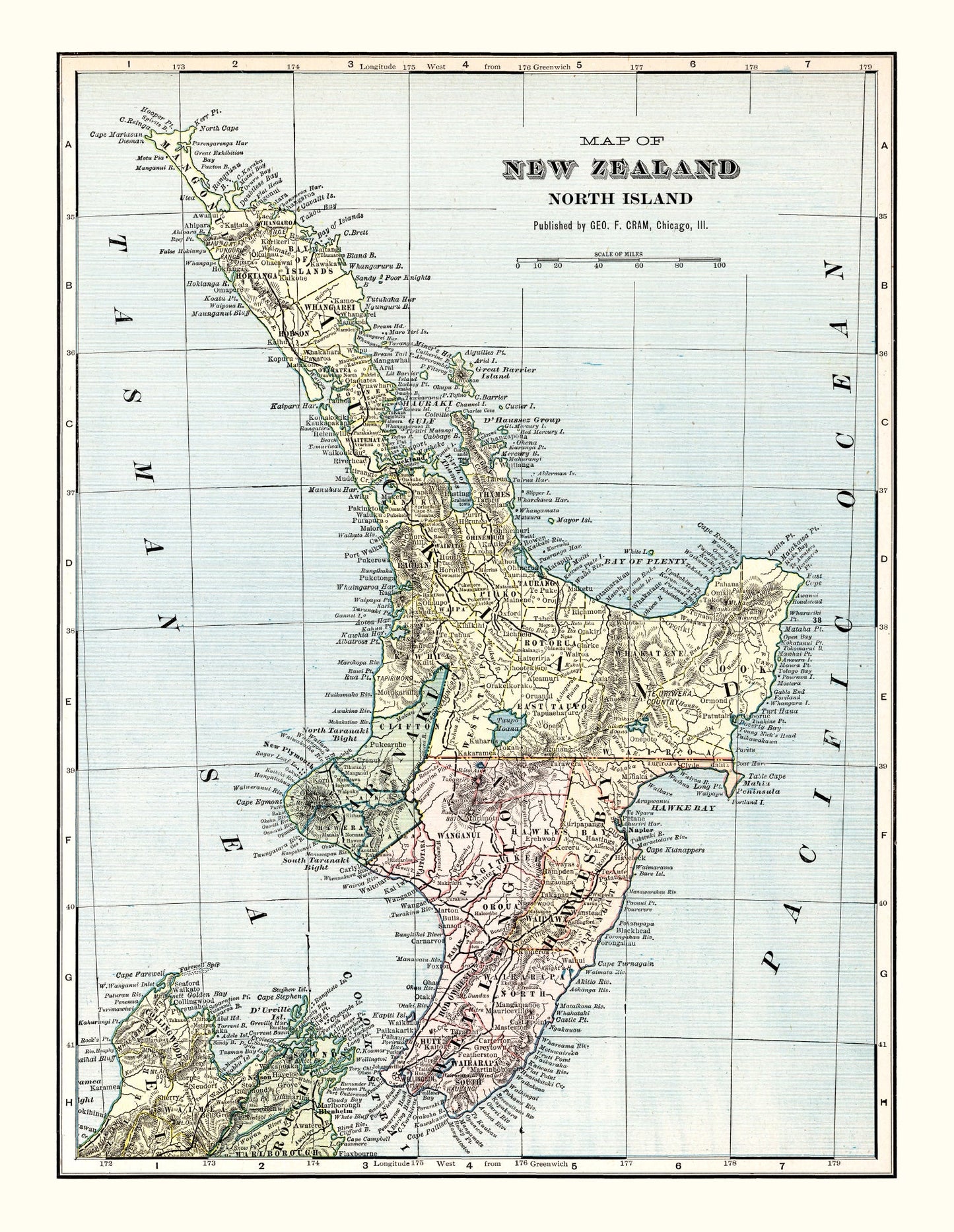 Vintage Map of New Zealand North Island, 1901