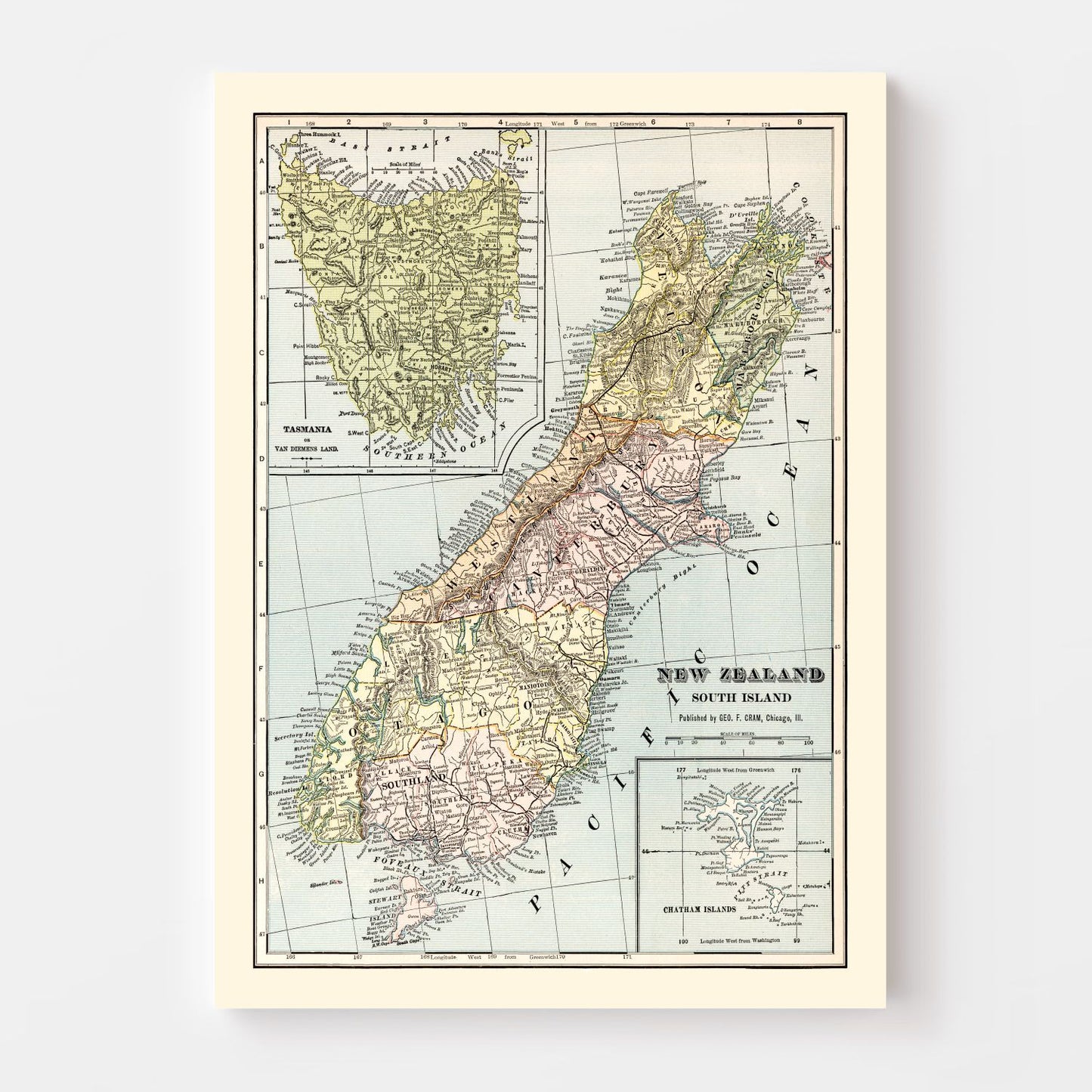 Vintage Map of New Zealand South Island, 1901
