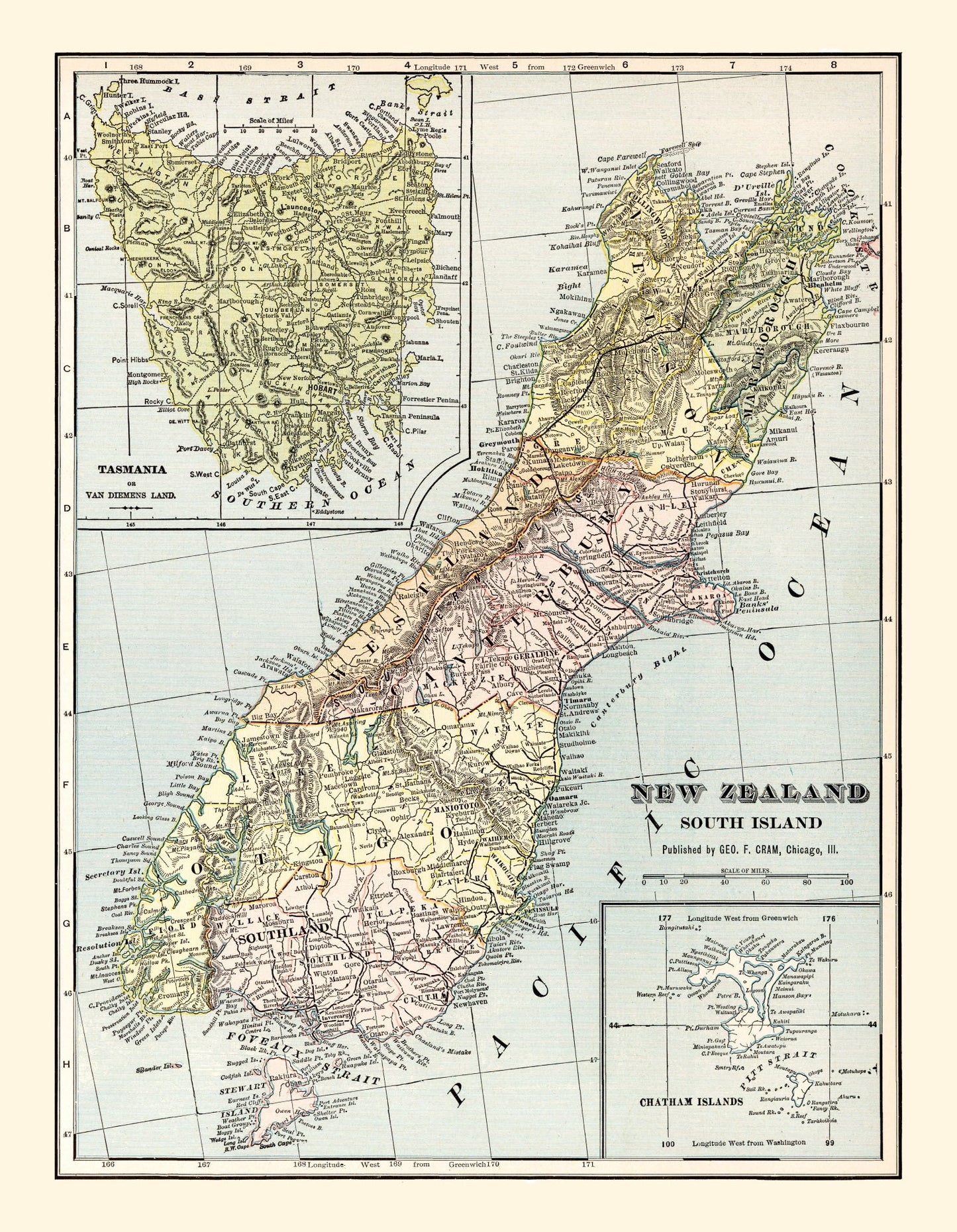 Vintage Map of New Zealand South Island, 1901