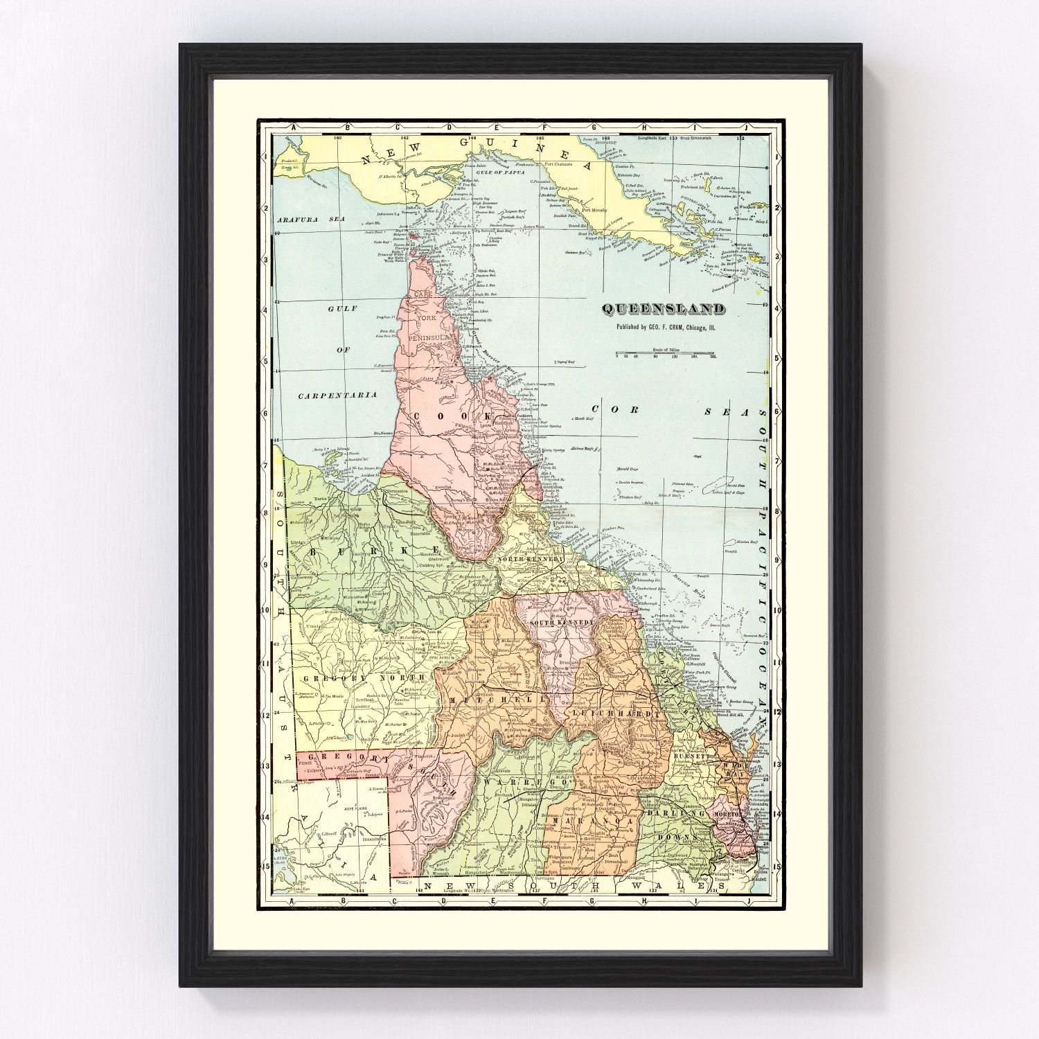 Vintage map of Queensland, Australia, 1901, federation era