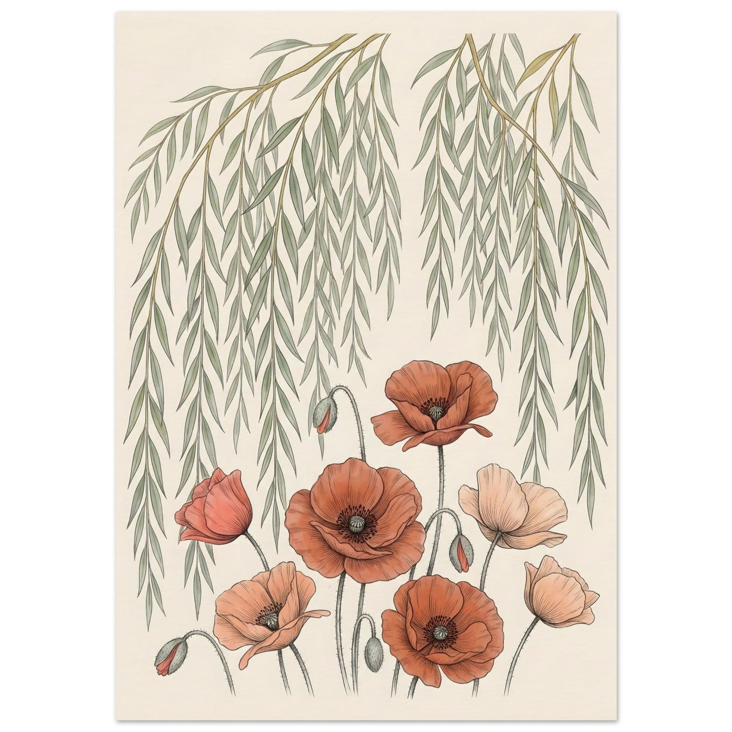 Willow Tree and Poppy Botanical 9th Anniversary Wall Art - A3 (29.7 x 42 cm) / Museum-Quality Matte Paper Poster - Sparkycare