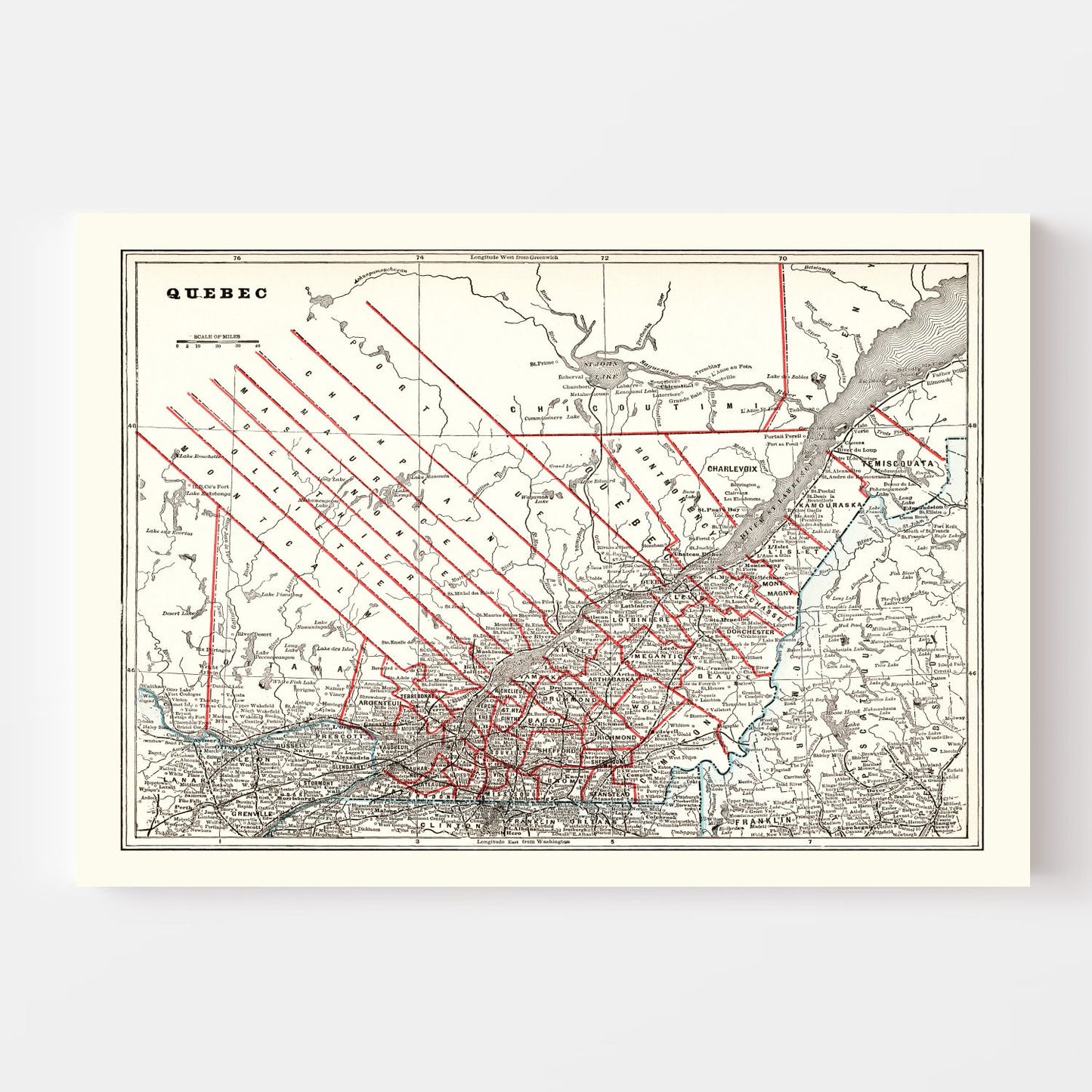 Vintage Map of Quebec, Canada, 1893