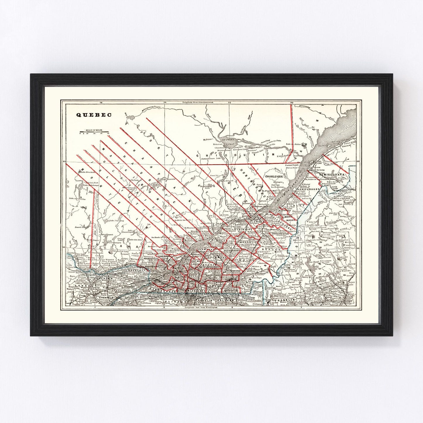 vintage map of Quebec, Canada, 1893