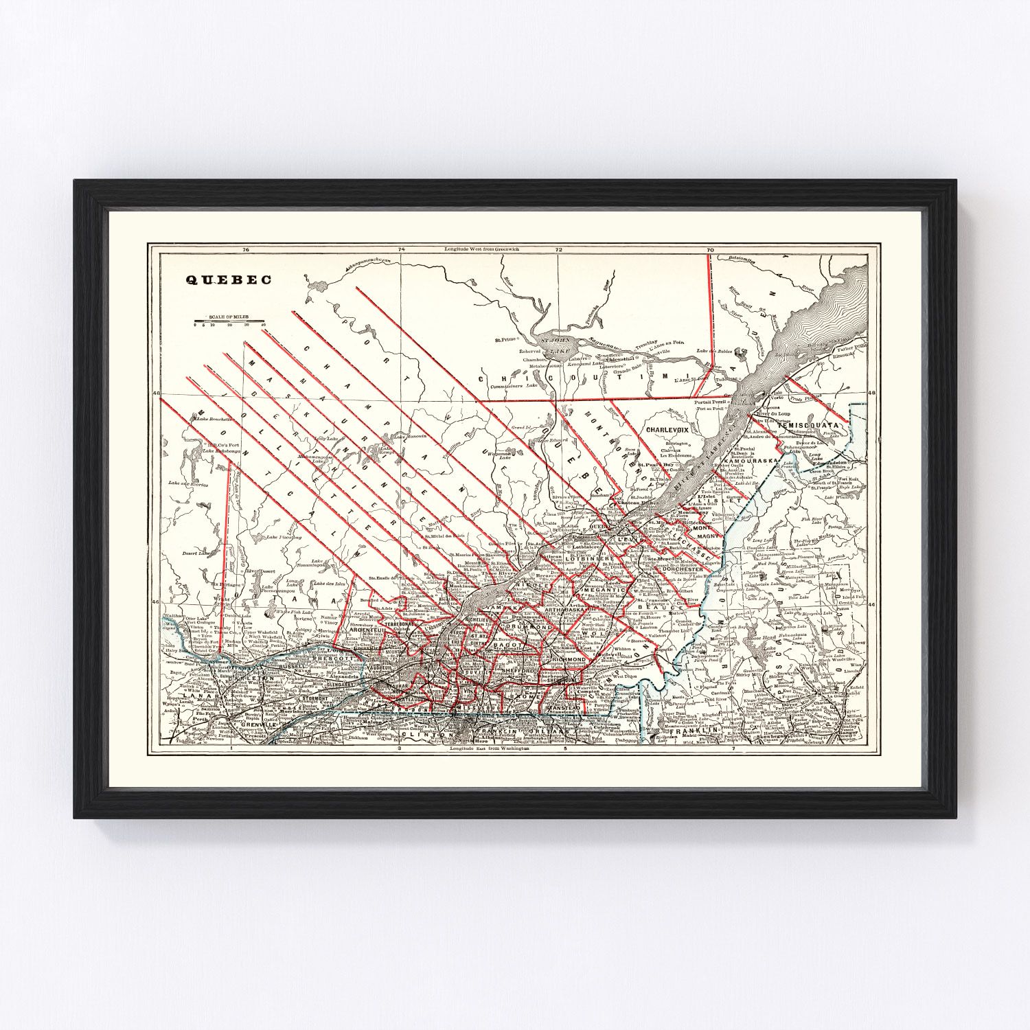 vintage map of Quebec, Canada, 1893