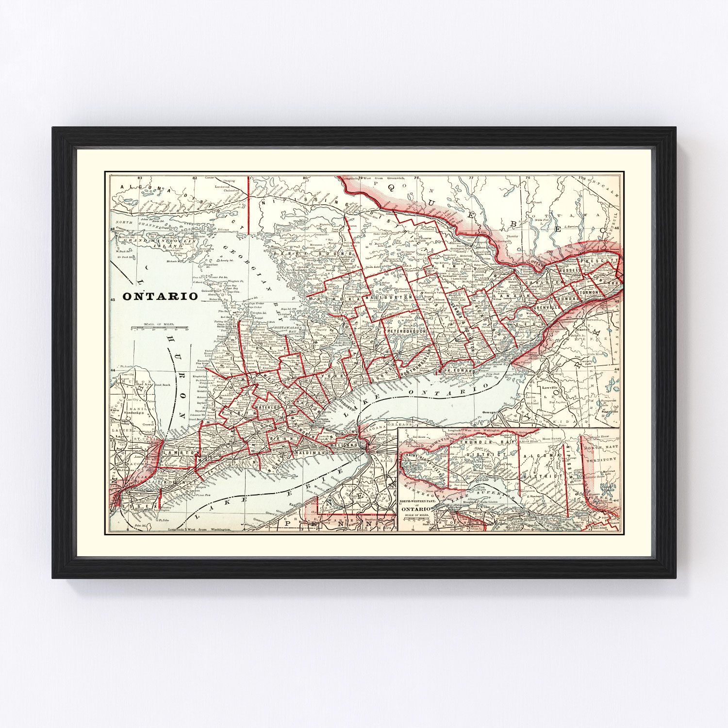 Vintage map of Ontario, Canada, 1893