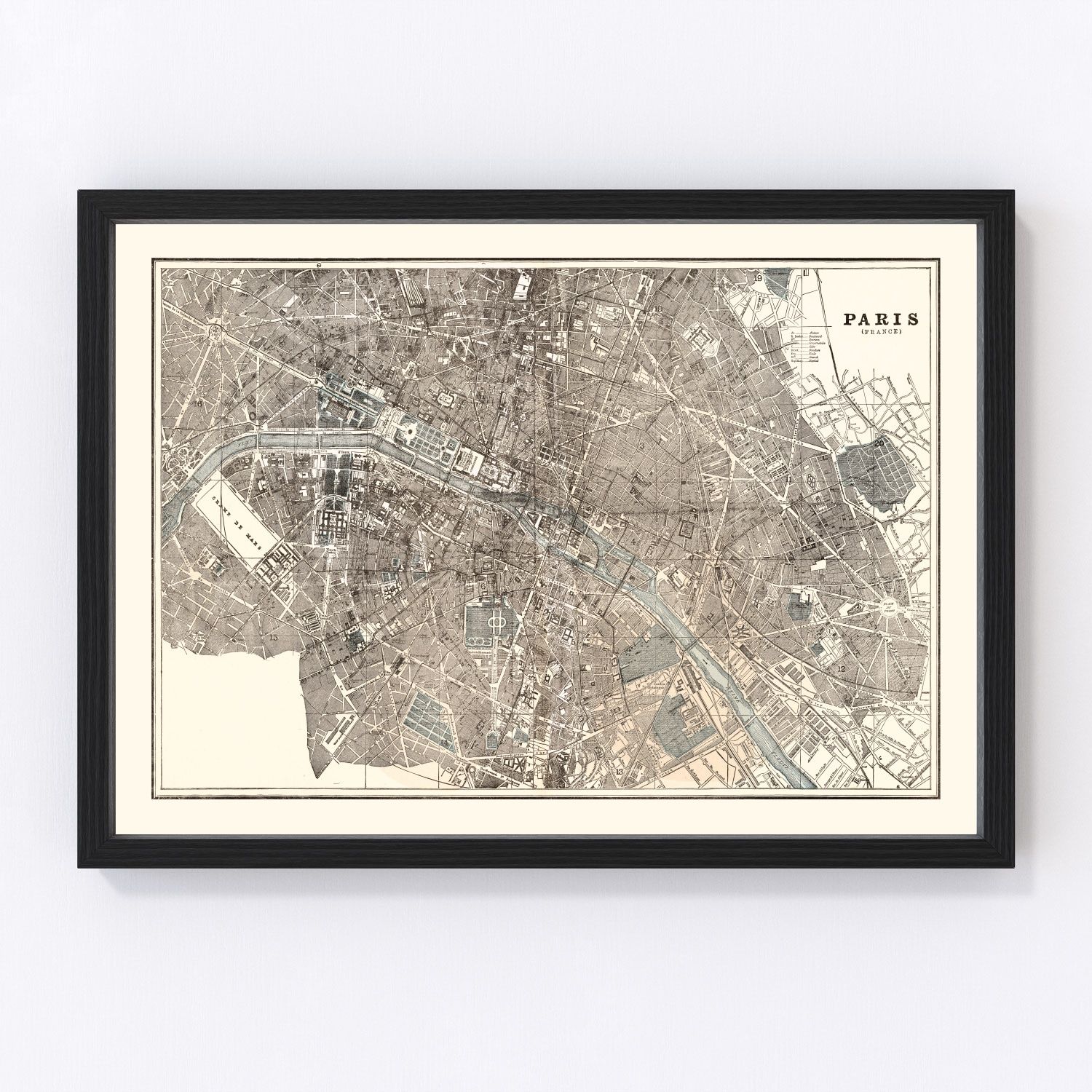 vintage map of Paris, France, 1893