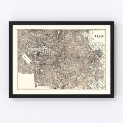 vintage map of Paris, France, 1893
