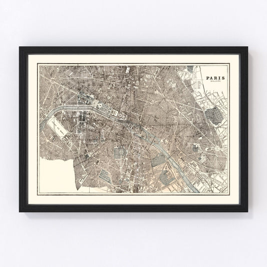 vintage map of Paris, France, 1893