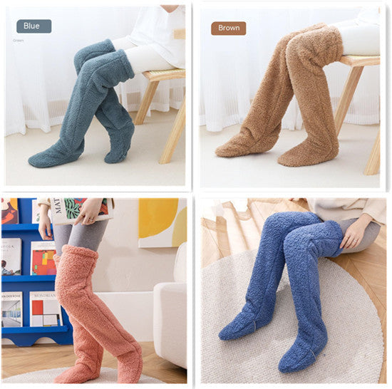 Fuzzy knee high socks in four colors draped over wooden chair