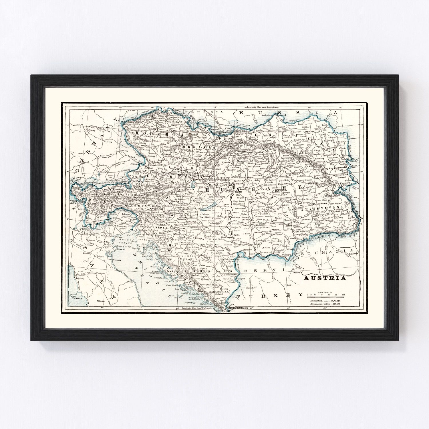 Vintage map of Austria, 1893, late Habsburg-era restored print