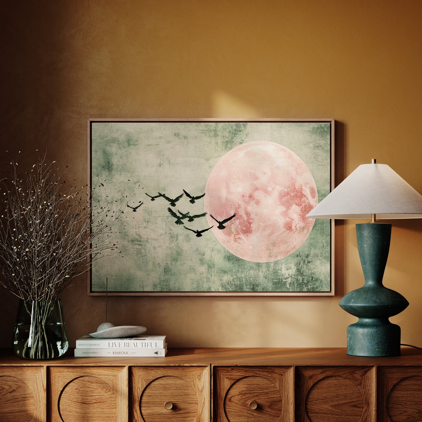 Pink Moon Wall Art - Minimalist Birds in Flight Print