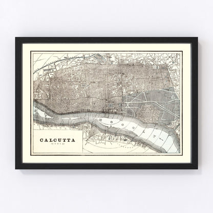 Vintage map of Calcutta, India, 1893, colonial capital restored print