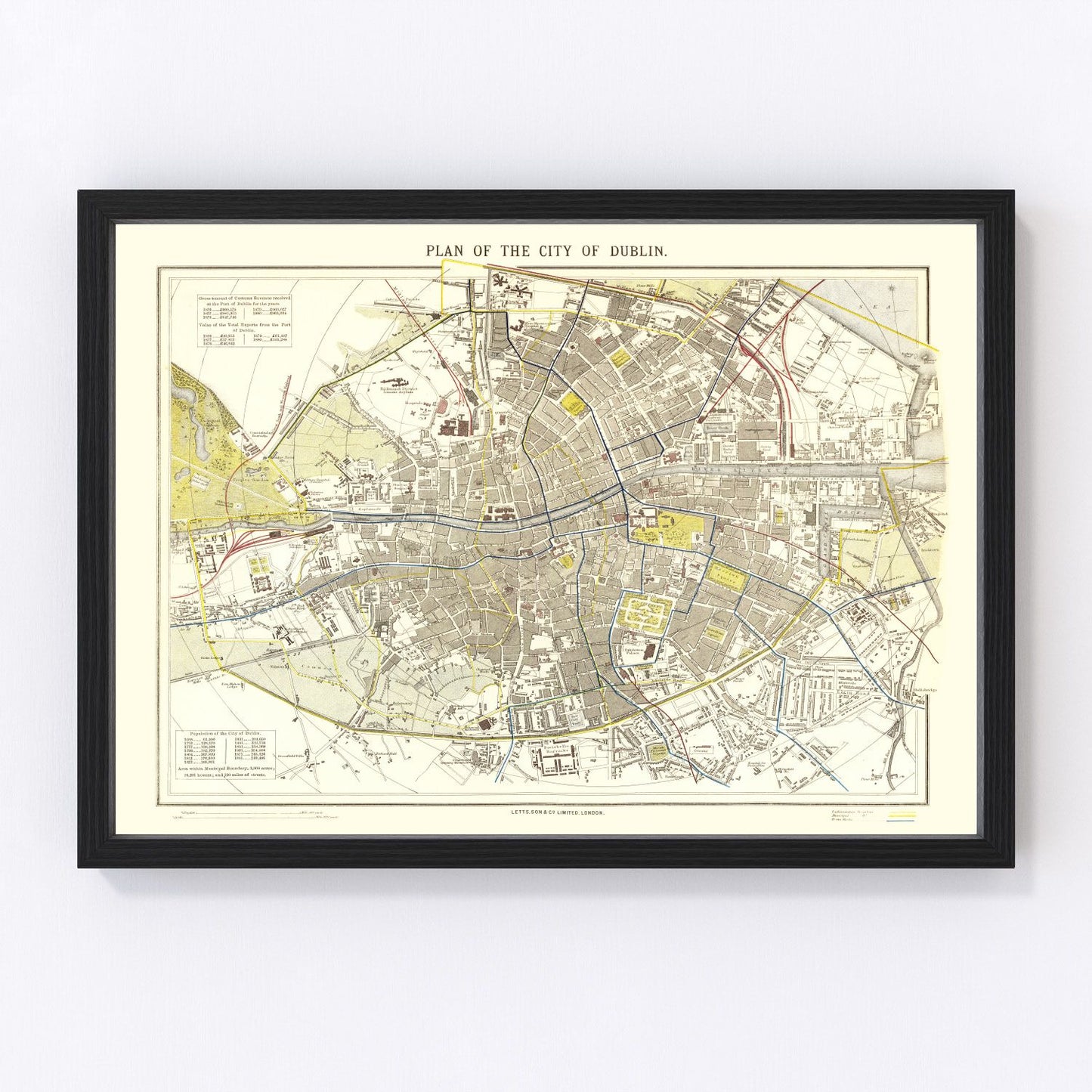 Vintage map of Dublin, Ireland, 1883